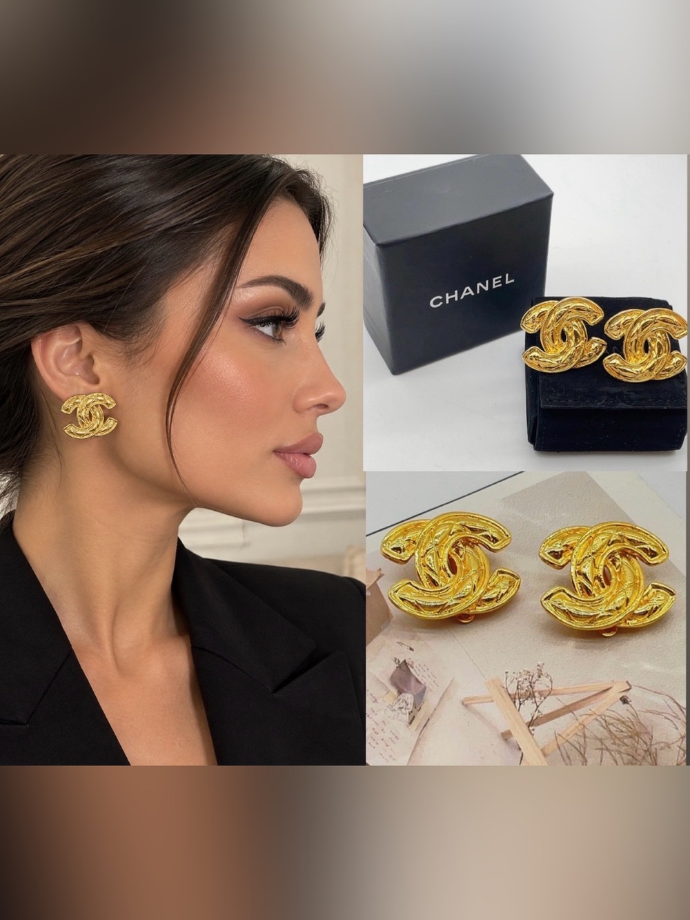 CHANEL 24k Gold plated COCO Matelassé Clip-on Earrings 1980-1990🌟